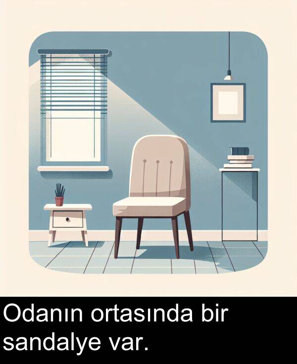var: Odanın ortasında bir sandalye var.