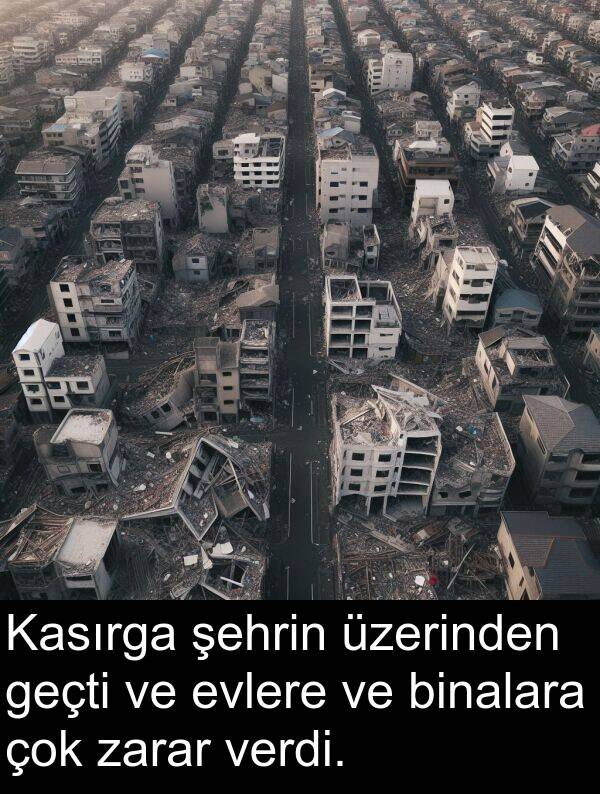 geçti: Kasırga şehrin üzerinden geçti ve evlere ve binalara çok zarar verdi.