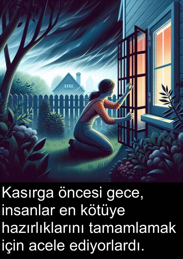 acele: Kasırga öncesi gece, insanlar en kötüye hazırlıklarını tamamlamak için acele ediyorlardı.