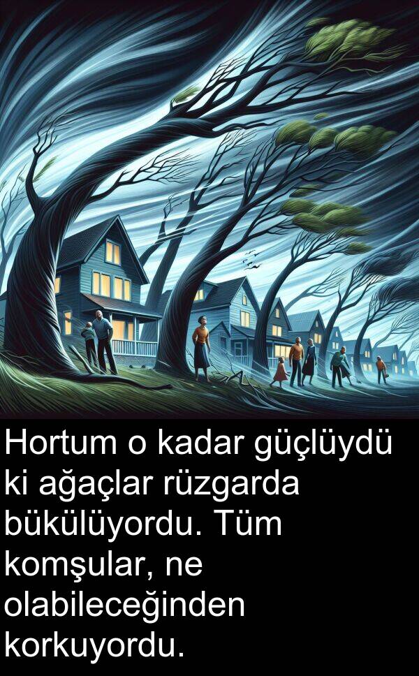 ağaçlar: Hortum o kadar güçlüydü ki ağaçlar rüzgarda bükülüyordu. Tüm komşular, ne olabileceğinden korkuyordu.