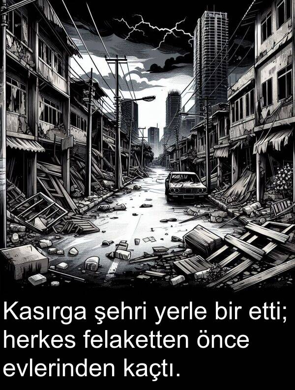 yerle: Kasırga şehri yerle bir etti; herkes felaketten önce evlerinden kaçtı.