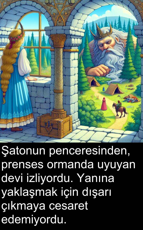 yaklaşmak: Şatonun penceresinden, prenses ormanda uyuyan devi izliyordu. Yanına yaklaşmak için dışarı çıkmaya cesaret edemiyordu.
