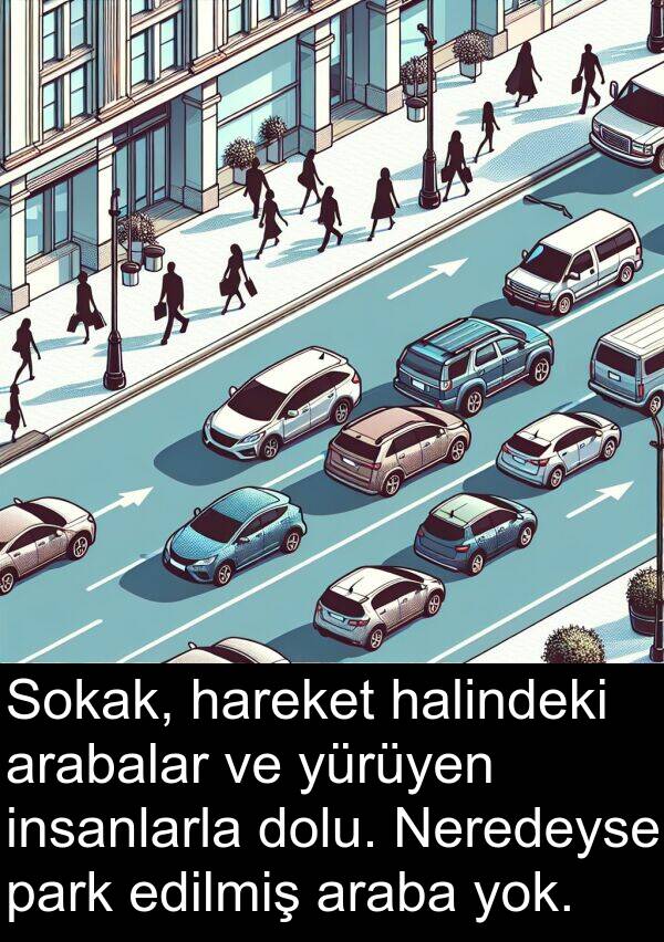 edilmiş: Sokak, hareket halindeki arabalar ve yürüyen insanlarla dolu. Neredeyse park edilmiş araba yok.