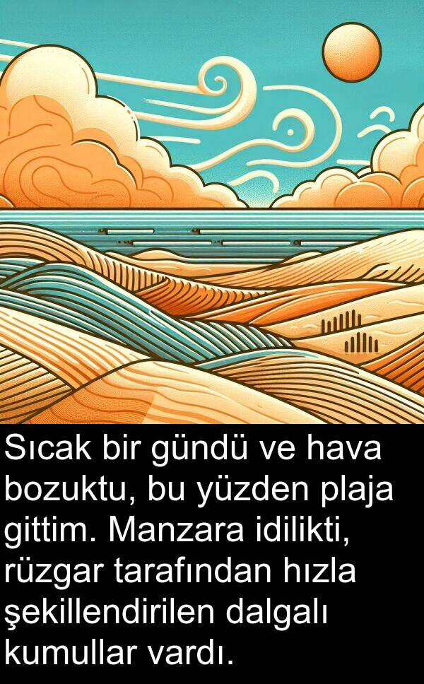 kumullar: Sıcak bir gündü ve hava bozuktu, bu yüzden plaja gittim. Manzara idilikti, rüzgar tarafından hızla şekillendirilen dalgalı kumullar vardı.
