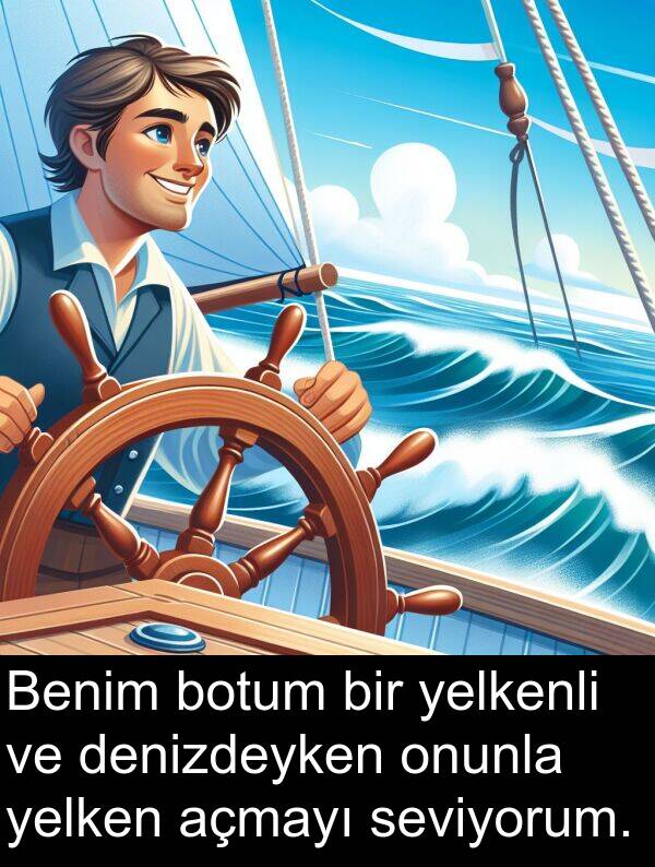 yelken: Benim botum bir yelkenli ve denizdeyken onunla yelken açmayı seviyorum.