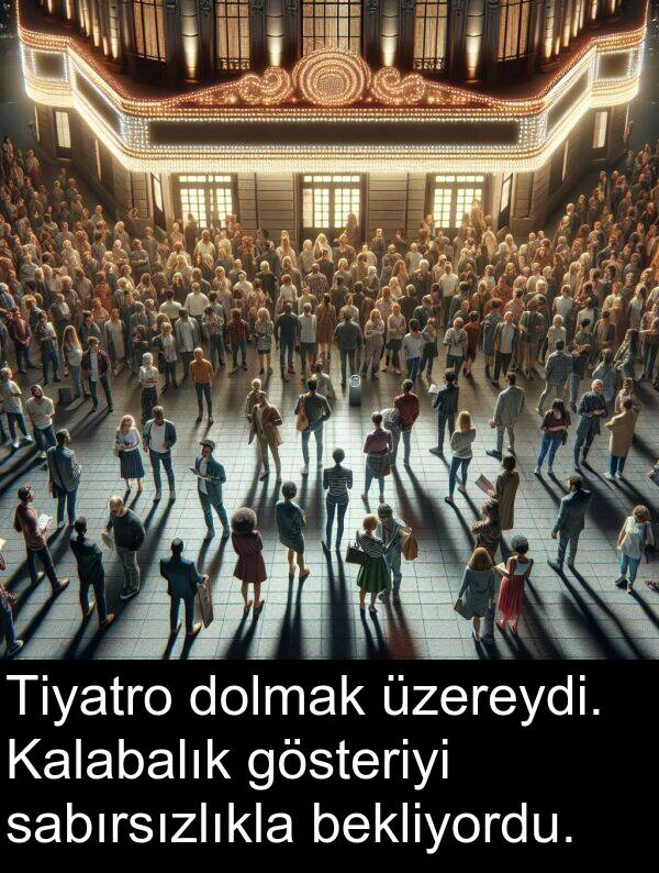 sabırsızlıkla: Tiyatro dolmak üzereydi. Kalabalık gösteriyi sabırsızlıkla bekliyordu.