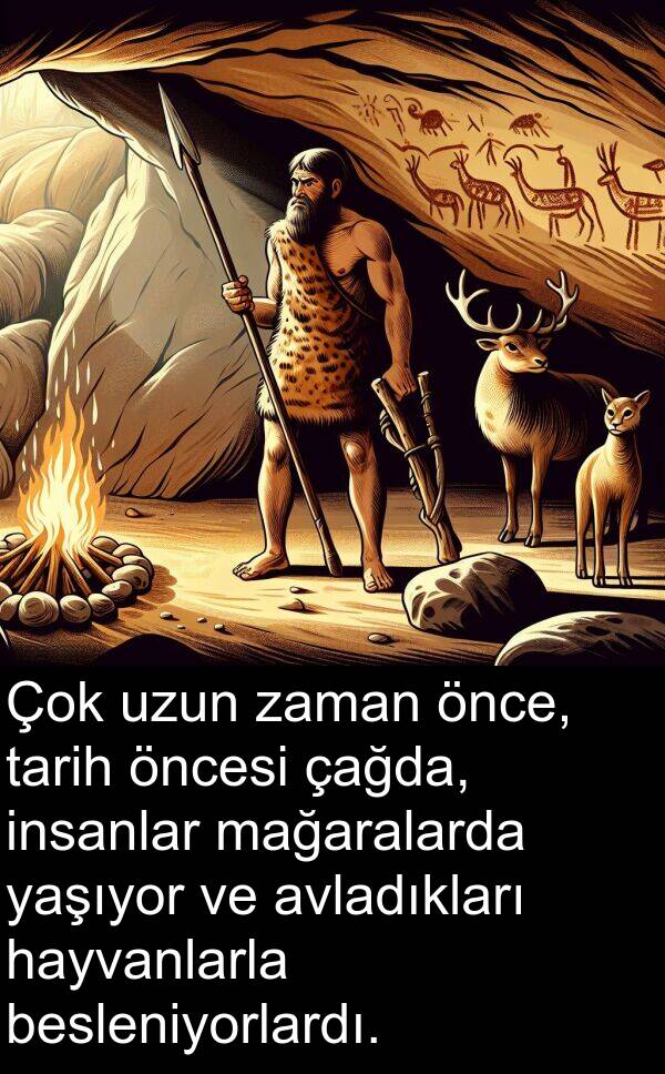 insanlar: Çok uzun zaman önce, tarih öncesi çağda, insanlar mağaralarda yaşıyor ve avladıkları hayvanlarla besleniyorlardı.