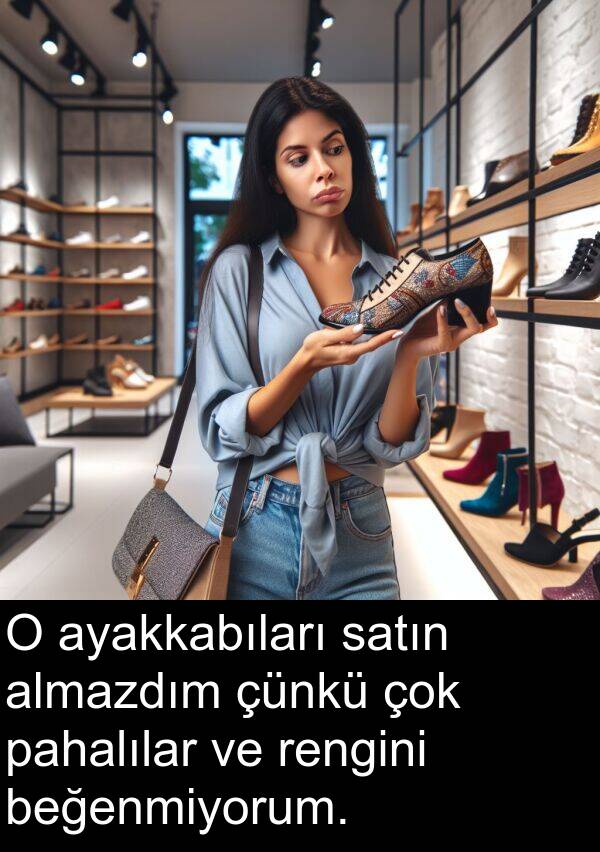 satın: O ayakkabıları satın almazdım çünkü çok pahalılar ve rengini beğenmiyorum.