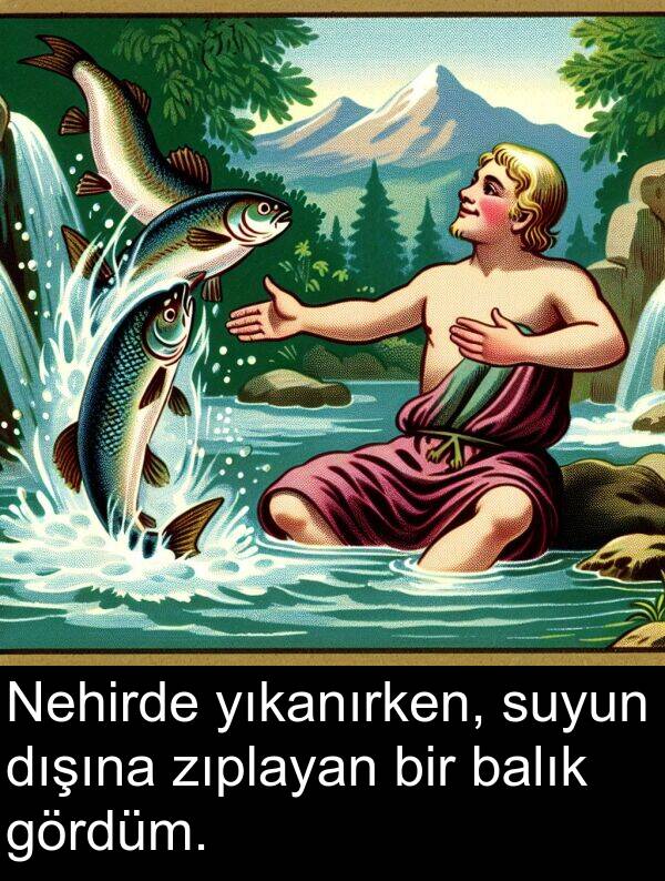 zıplayan: Nehirde yıkanırken, suyun dışına zıplayan bir balık gördüm.