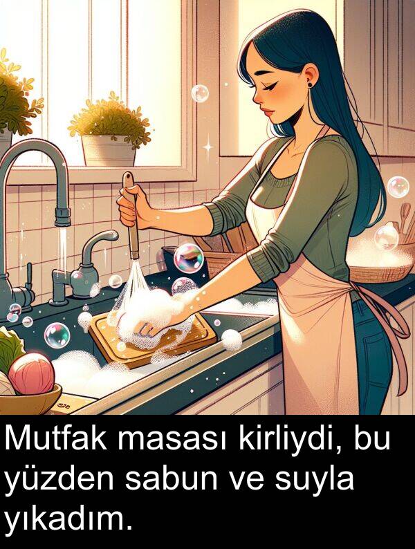 sabun: Mutfak masası kirliydi, bu yüzden sabun ve suyla yıkadım.