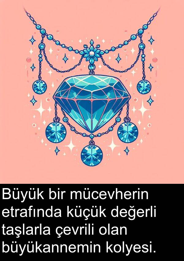 taşlarla: Büyük bir mücevherin etrafında küçük değerli taşlarla çevrili olan büyükannemin kolyesi.