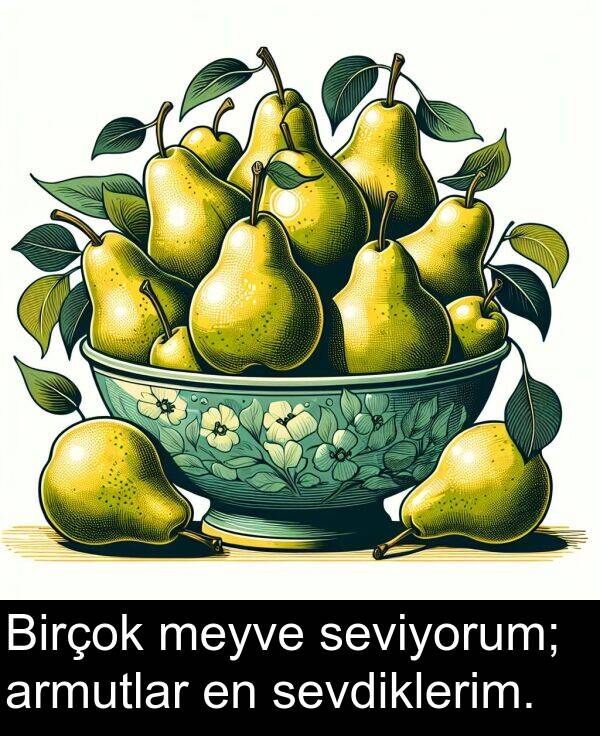 armutlar: Birçok meyve seviyorum; armutlar en sevdiklerim.