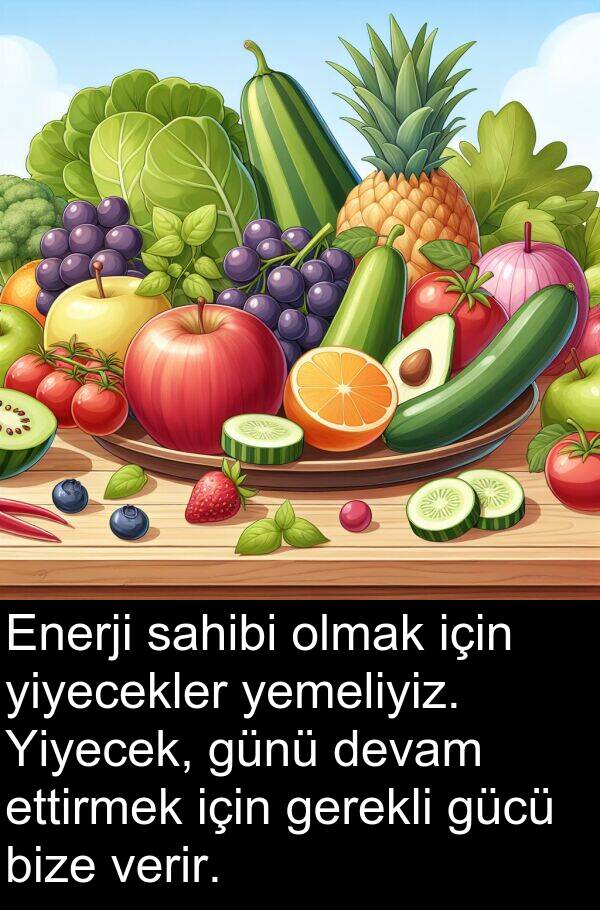 sahibi: Enerji sahibi olmak için yiyecekler yemeliyiz. Yiyecek, günü devam ettirmek için gerekli gücü bize verir.
