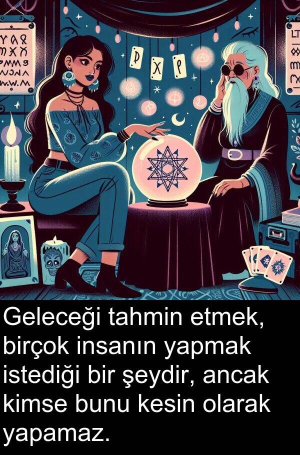 istediği: Geleceği tahmin etmek, birçok insanın yapmak istediği bir şeydir, ancak kimse bunu kesin olarak yapamaz.