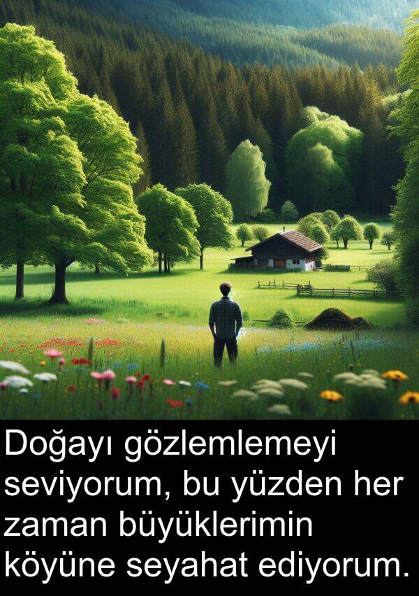 ediyorum: Doğayı gözlemlemeyi seviyorum, bu yüzden her zaman büyüklerimin köyüne seyahat ediyorum.