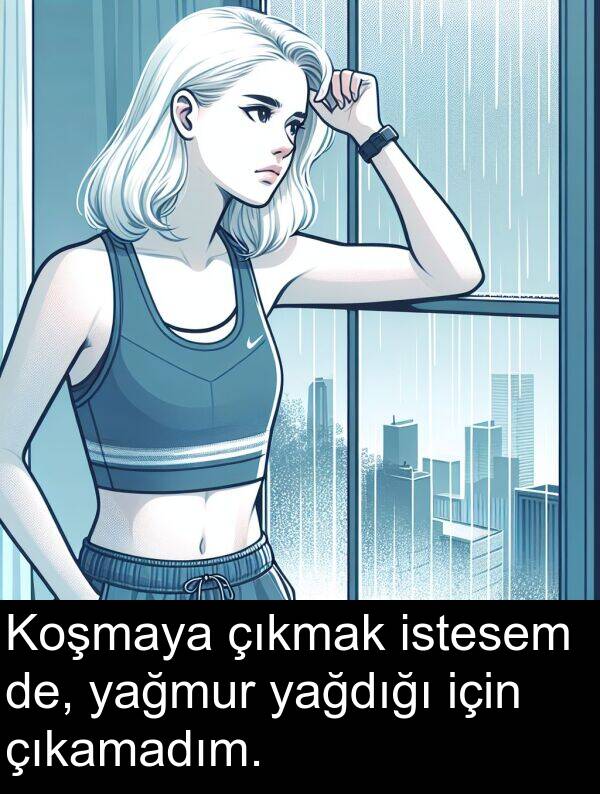 yağmur: Koşmaya çıkmak istesem de, yağmur yağdığı için çıkamadım.
