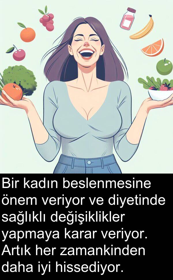 zamankinden: Bir kadın beslenmesine önem veriyor ve diyetinde sağlıklı değişiklikler yapmaya karar veriyor. Artık her zamankinden daha iyi hissediyor.