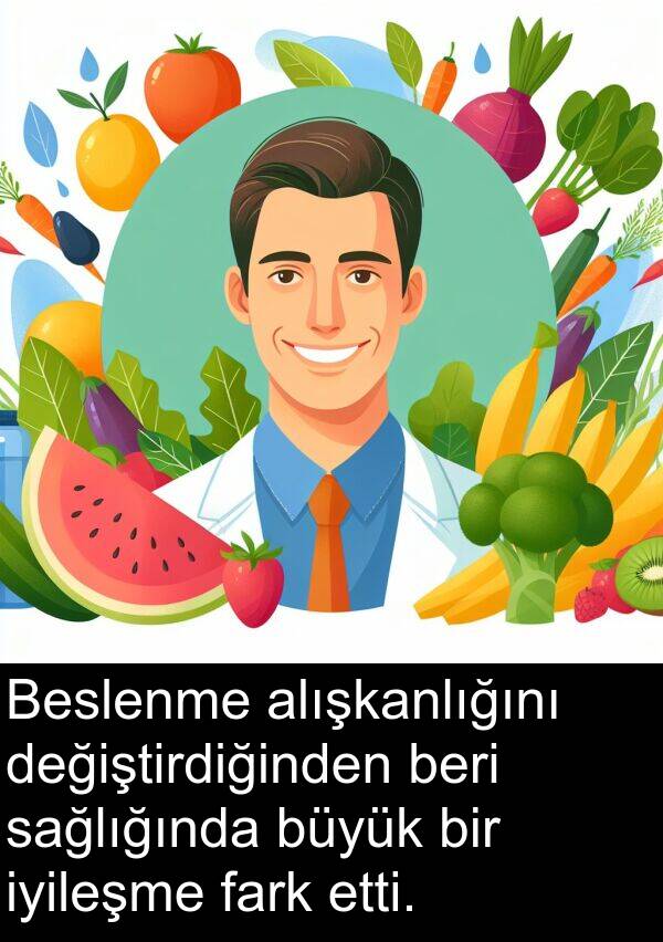 fark: Beslenme alışkanlığını değiştirdiğinden beri sağlığında büyük bir iyileşme fark etti.