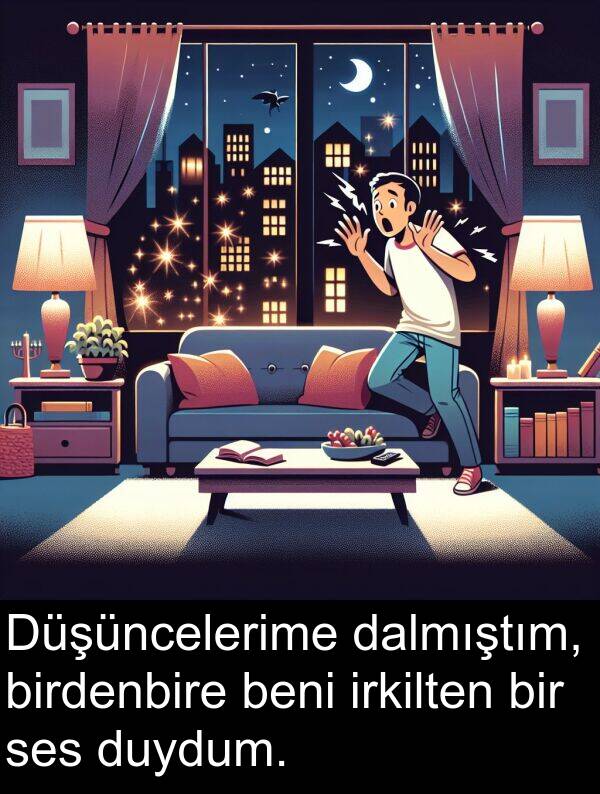 birdenbire: Düşüncelerime dalmıştım, birdenbire beni irkilten bir ses duydum.