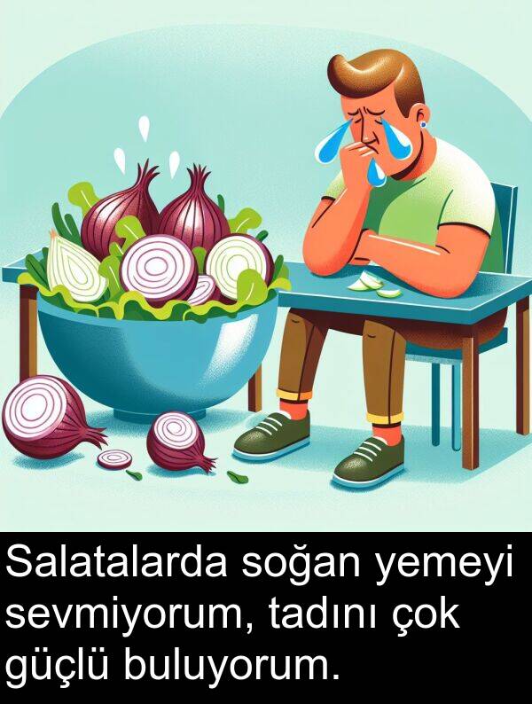 soğan: Salatalarda soğan yemeyi sevmiyorum, tadını çok güçlü buluyorum.