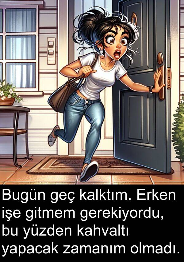 zamanım: Bugün geç kalktım. Erken işe gitmem gerekiyordu, bu yüzden kahvaltı yapacak zamanım olmadı.