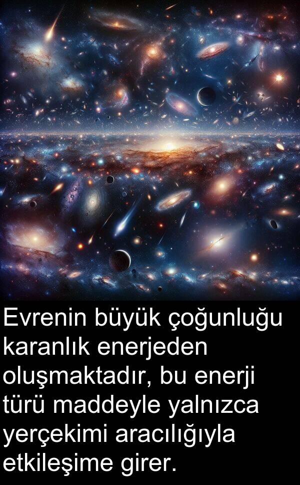 enerjeden: Evrenin büyük çoğunluğu karanlık enerjeden oluşmaktadır, bu enerji türü maddeyle yalnızca yerçekimi aracılığıyla etkileşime girer.