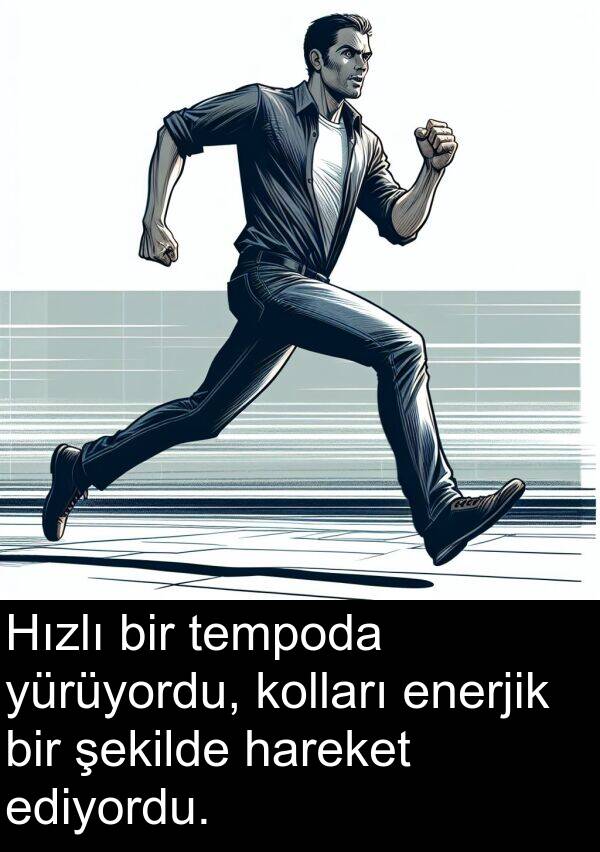 enerjik: Hızlı bir tempoda yürüyordu, kolları enerjik bir şekilde hareket ediyordu.