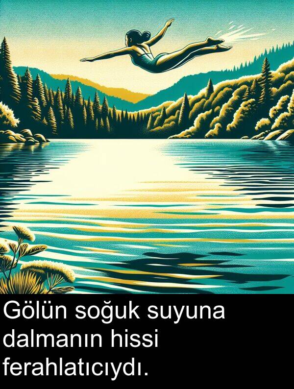 ferahlatıcıydı: Gölün soğuk suyuna dalmanın hissi ferahlatıcıydı.