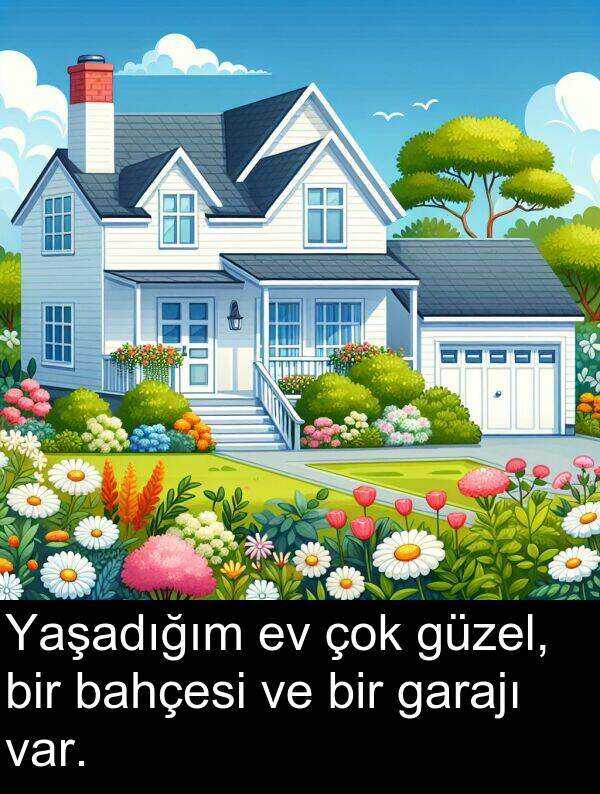 garajı: Yaşadığım ev çok güzel, bir bahçesi ve bir garajı var.