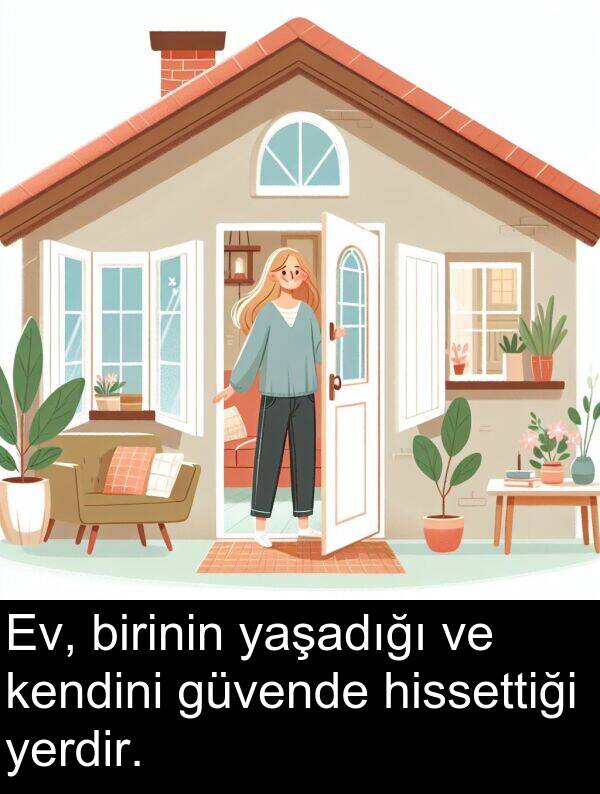 güvende: Ev, birinin yaşadığı ve kendini güvende hissettiği yerdir.
