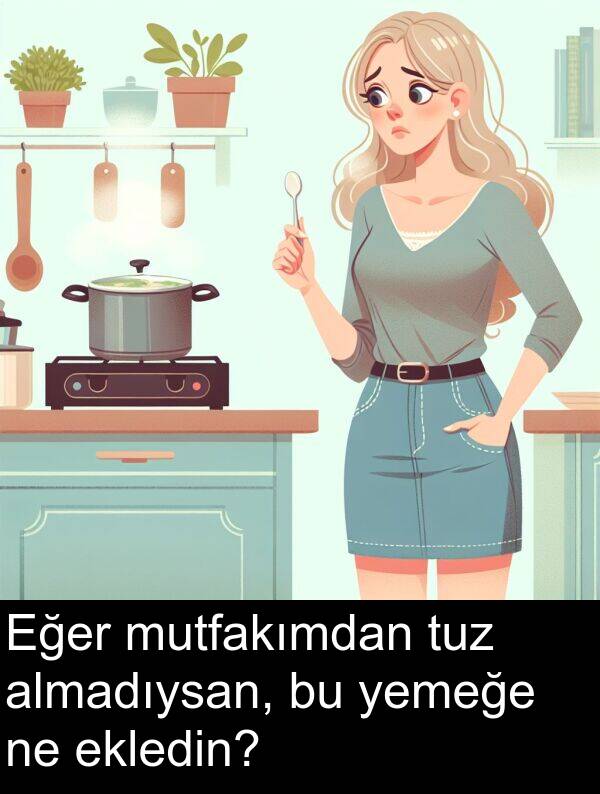 tuz: Eğer mutfakımdan tuz almadıysan, bu yemeğe ne ekledin?