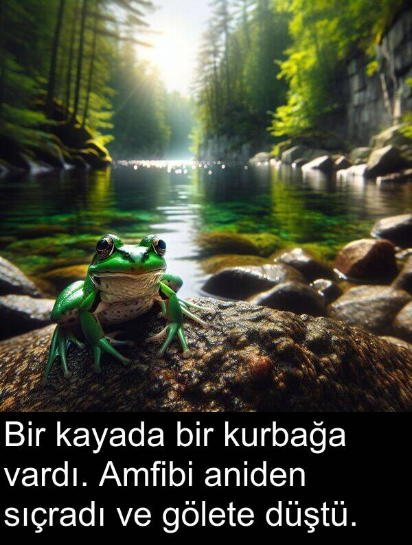 vardı: Bir kayada bir kurbağa vardı. Amfibi aniden sıçradı ve gölete düştü.