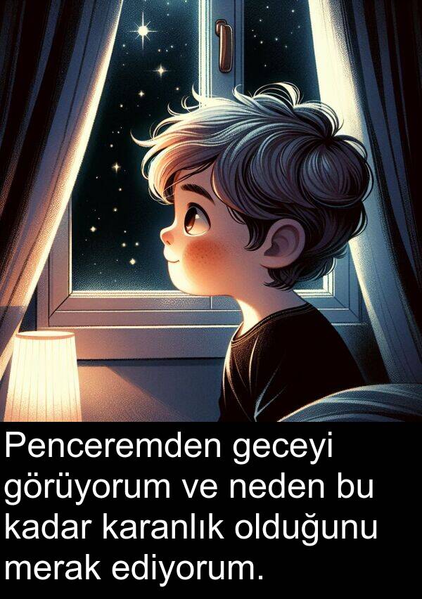 neden: Penceremden geceyi görüyorum ve neden bu kadar karanlık olduğunu merak ediyorum.