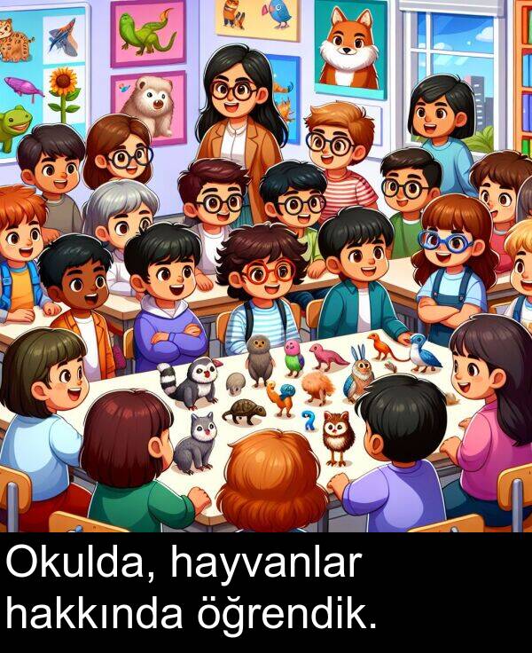 hayvanlar: Okulda, hayvanlar hakkında öğrendik.