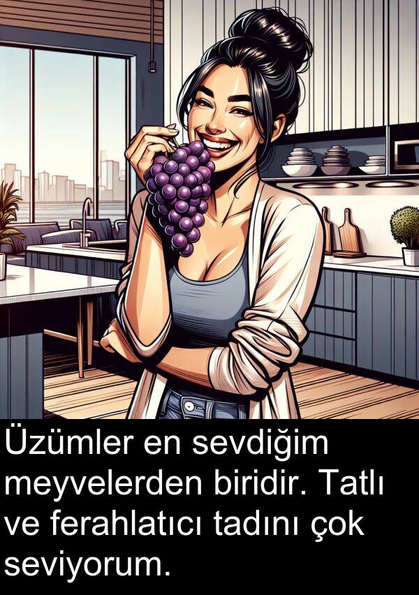 biridir: Üzümler en sevdiğim meyvelerden biridir. Tatlı ve ferahlatıcı tadını çok seviyorum.