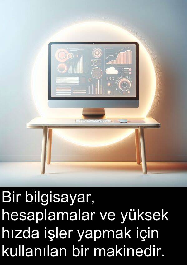 yapmak: Bir bilgisayar, hesaplamalar ve yüksek hızda işler yapmak için kullanılan bir makinedir.