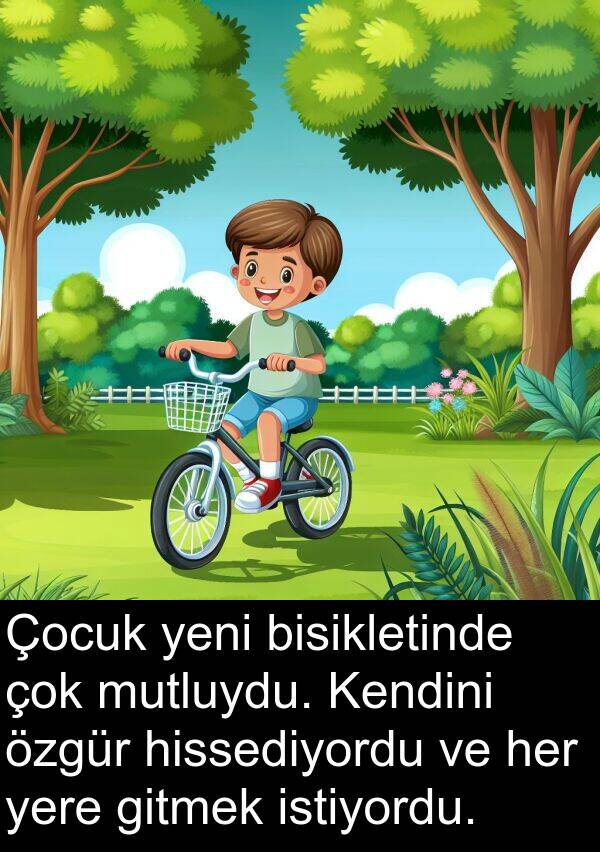 yere: Çocuk yeni bisikletinde çok mutluydu. Kendini özgür hissediyordu ve her yere gitmek istiyordu.