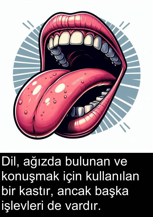 ağızda: Dil, ağızda bulunan ve konuşmak için kullanılan bir kastır, ancak başka işlevleri de vardır.
