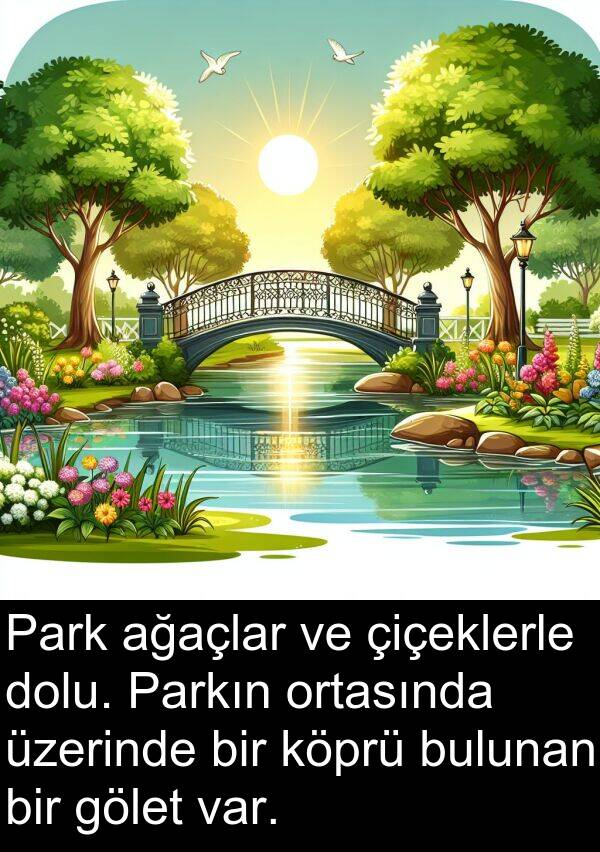 ağaçlar: Park ağaçlar ve çiçeklerle dolu. Parkın ortasında üzerinde bir köprü bulunan bir gölet var.