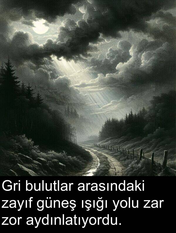zayıf: Gri bulutlar arasındaki zayıf güneş ışığı yolu zar zor aydınlatıyordu.