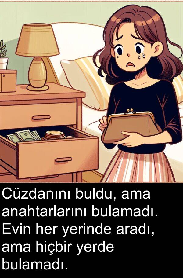yerde: Cüzdanını buldu, ama anahtarlarını bulamadı. Evin her yerinde aradı, ama hiçbir yerde bulamadı.