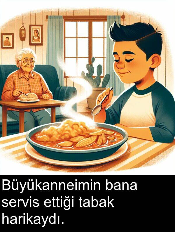 tabak: Büyükanneimin bana servis ettiği tabak harikaydı.