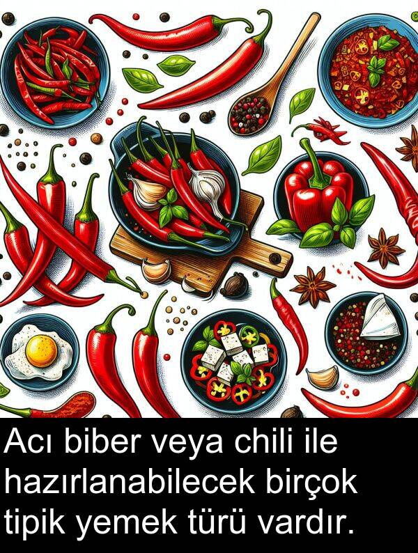 veya: Acı biber veya chili ile hazırlanabilecek birçok tipik yemek türü vardır.