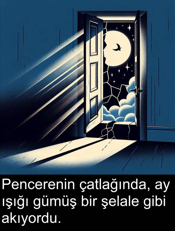 akıyordu: Pencerenin çatlağında, ay ışığı gümüş bir şelale gibi akıyordu.