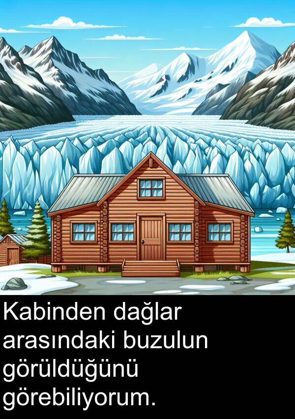 buzulun: Kabinden dağlar arasındaki buzulun görüldüğünü görebiliyorum.