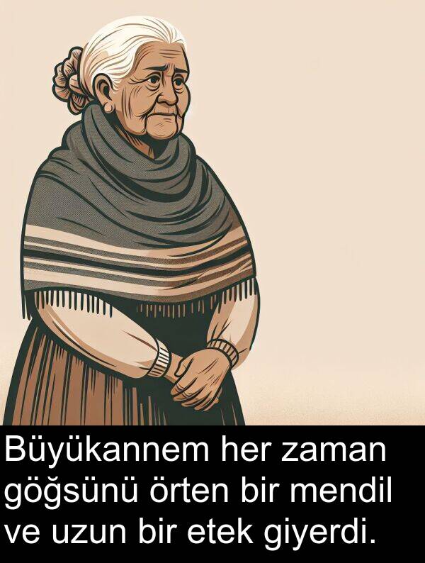 giyerdi: Büyükannem her zaman göğsünü örten bir mendil ve uzun bir etek giyerdi.