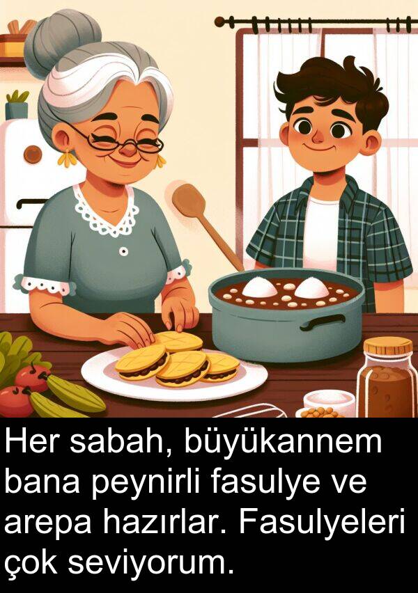 sabah: Her sabah, büyükannem bana peynirli fasulye ve arepa hazırlar. Fasulyeleri çok seviyorum.