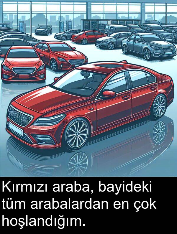 arabalardan: Kırmızı araba, bayideki tüm arabalardan en çok hoşlandığım.