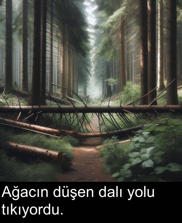 tıkıyordu: Ağacın düşen dalı yolu tıkıyordu.