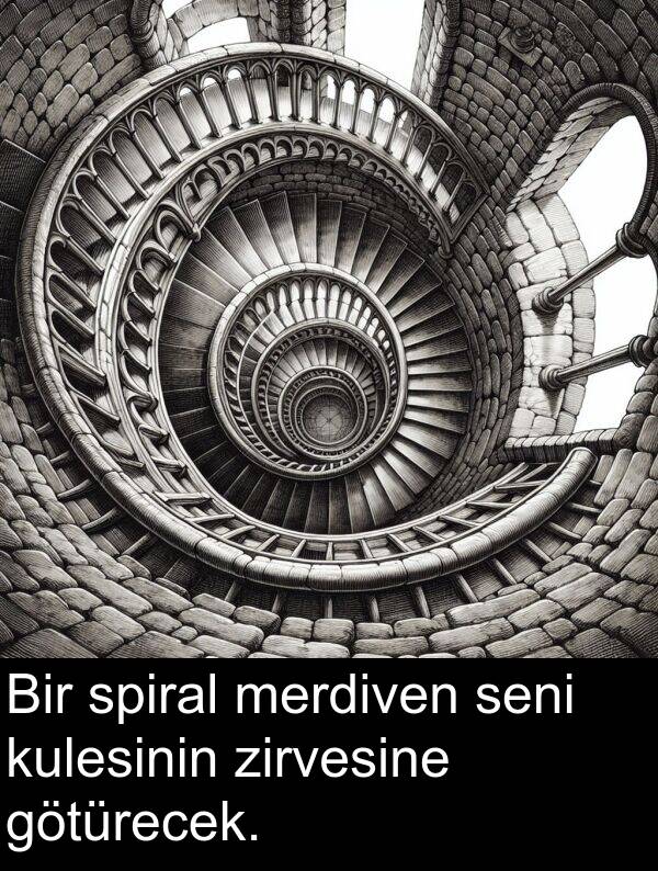 zirvesine: Bir spiral merdiven seni kulesinin zirvesine götürecek.